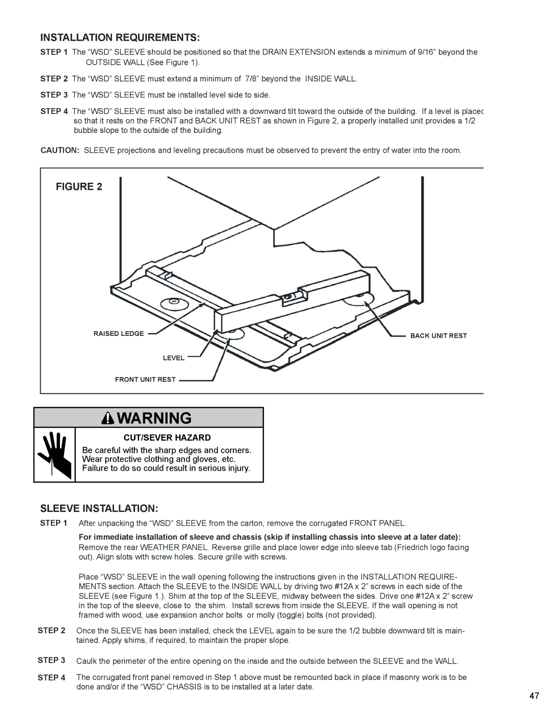 Friedrich WS10B10 service manual Installation Requirements, MECHANICALCUT/SEVER Hazardhazard 