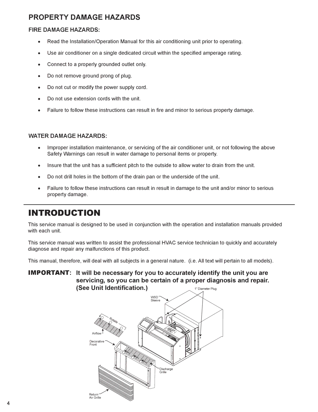 Friedrich WS10B10 service manual Introduction, Property Damage Hazards 