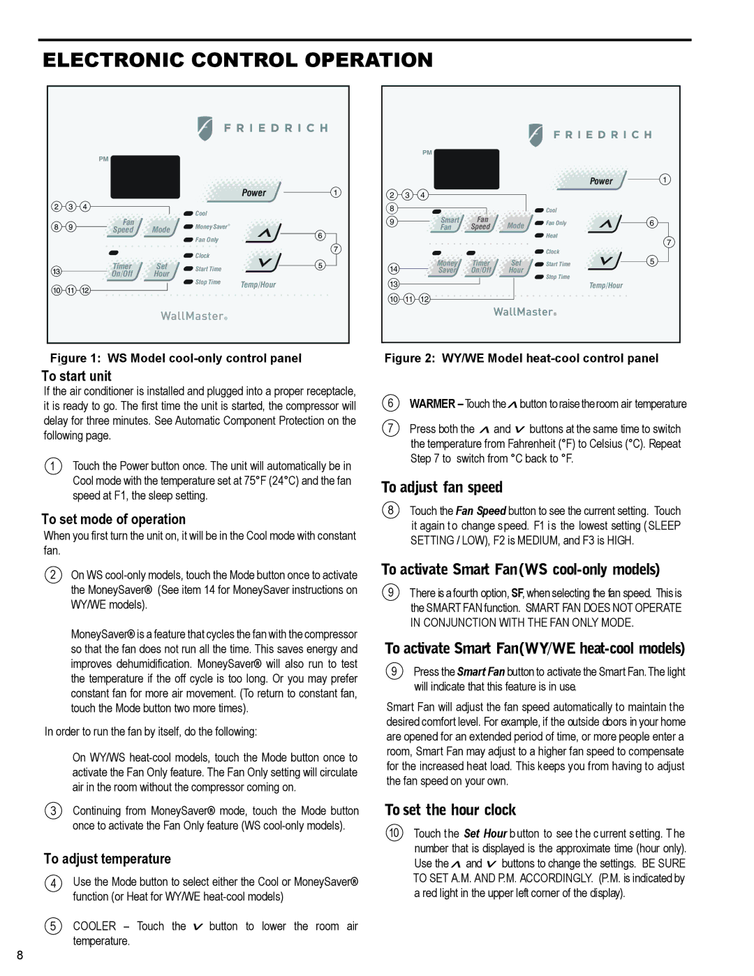 Friedrich WS10B10 Electronic Control Operation, To adjust fan speed, To activate Smart FanWS cool-only models 