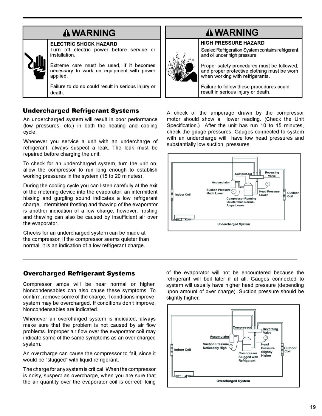 Friedrich WS10B10 service manual Undercharged Refrigerant Systems, Overcharged Refrigerant Systems, Electric Shock Hazard 