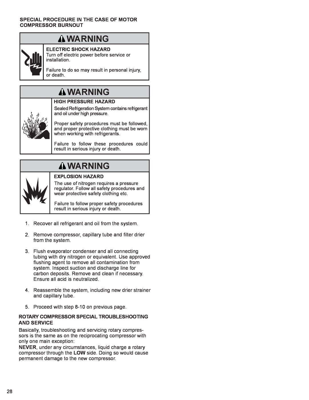 Friedrich WS10B10 service manual Electric Shock Hazard, High Pressure Hazard, Explosion Hazard 