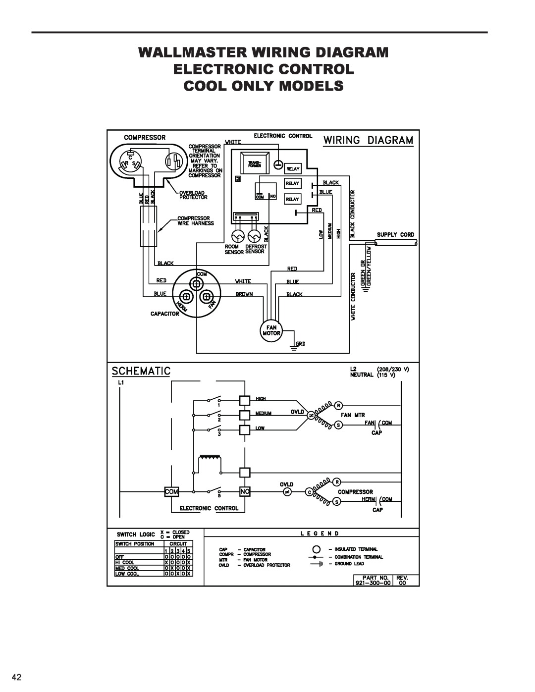 Friedrich WS10B10 service manual Wallmaster Wiring Diagram Electronic Control, Cool Only Models 