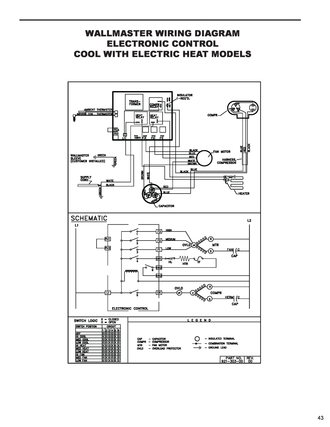 Friedrich WS10B10 service manual Cool With Electric Heat Models, Wallmaster Wiring Diagram Electronic Control 