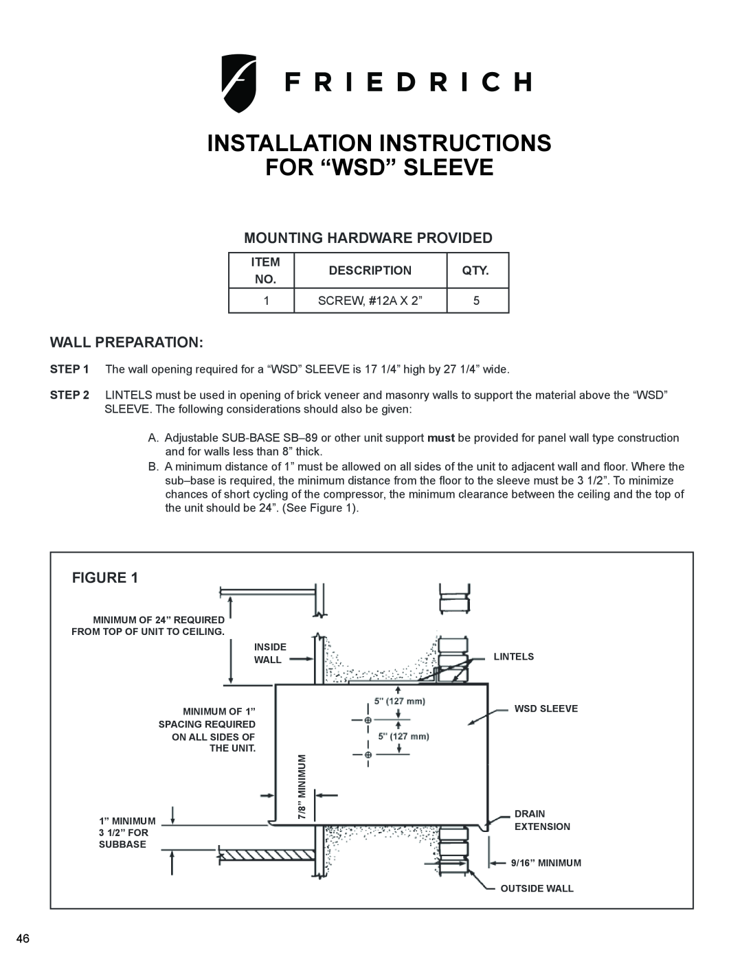 Friedrich WS10B10 Installation Instructions For “Wsd”” Sleeve, Mounting Hardware Provided, Wall Preparation 