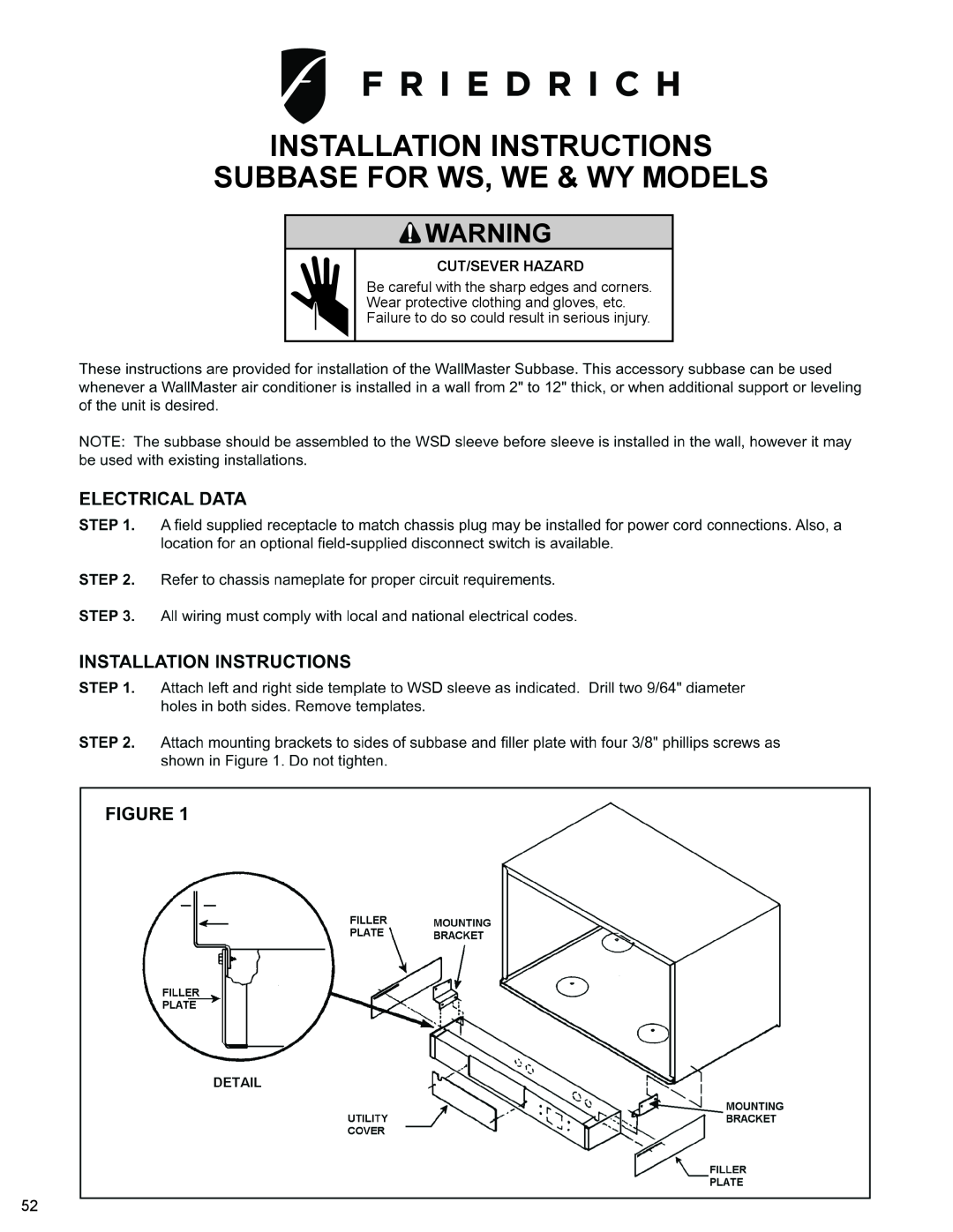 Friedrich WS10B10 service manual Subbase For Ws, We & Wy Models, Installation Instructions, Cut/Sever Hazard 