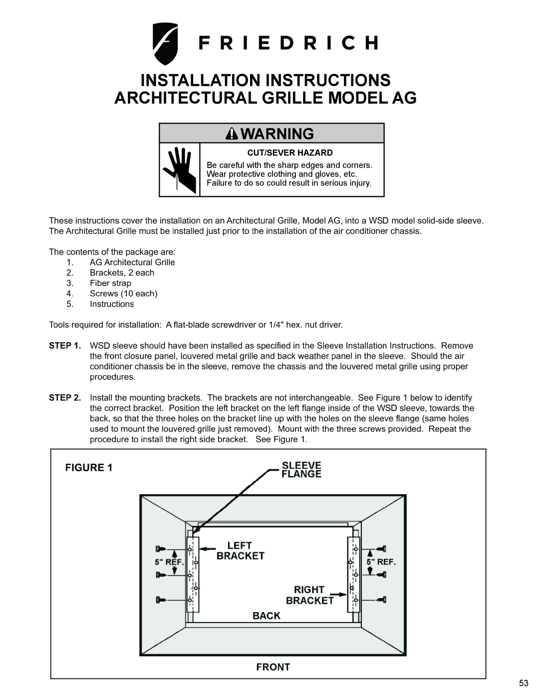Friedrich WS10B10 service manual Architectural Grille Model Ag, Installation Instructions, Mechanicalcut/Sever Hazard 
