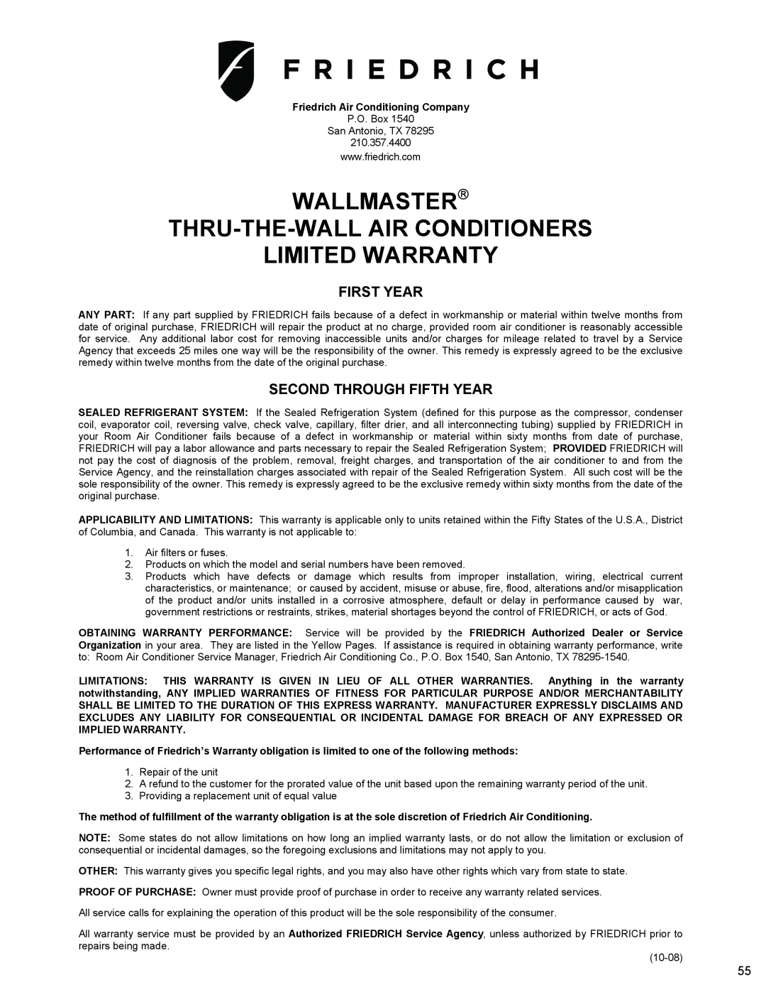 Friedrich WS10B10 Wallmaster≤ Thru-The-Wallair Conditioners, Limited Warranty, First Year, Second Through Fifth Year 