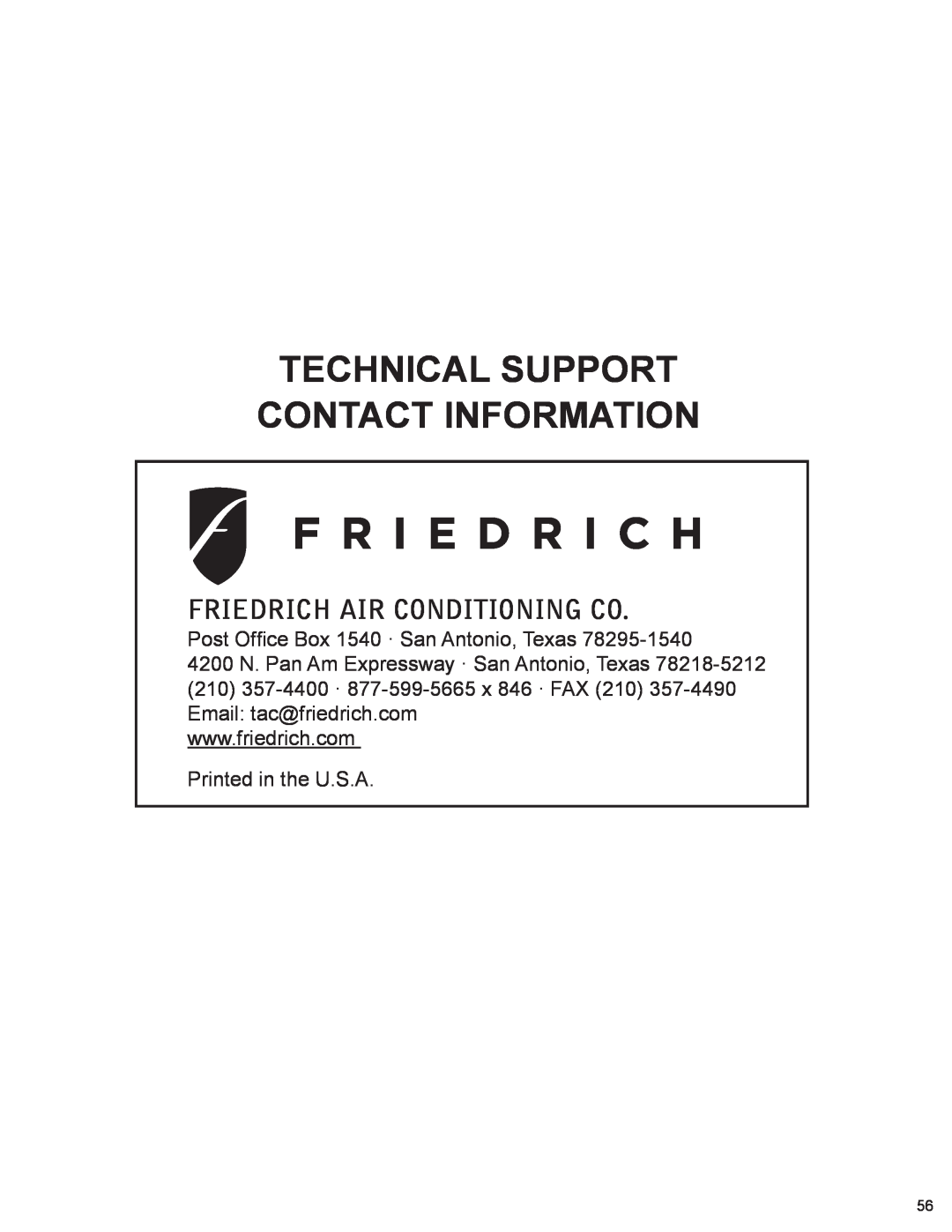 Friedrich WS10B10 service manual Friedrich Air Conditioning Co, Technical Support Contact Information 