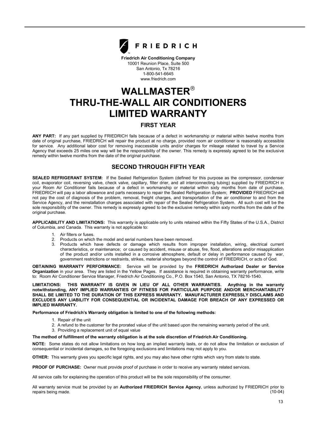 Friedrich WY09, WY12 Wallmaster Thru-The-Wallair Conditioners, Limited Warranty, First Year, Second Through Fifth Year 