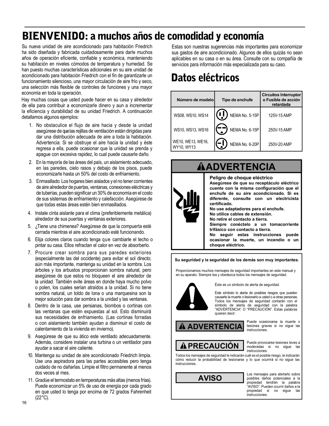Friedrich WY09, WY12, WS12 operation manual BIENVENIDO a muchos años de comodidad y economía, Datos eléctricos, Advertencia 