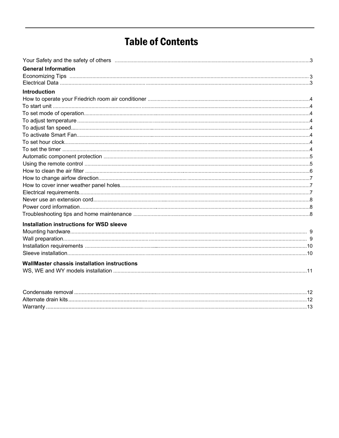Friedrich WS12, WY12, WY09 operation manual Table Of Contents 