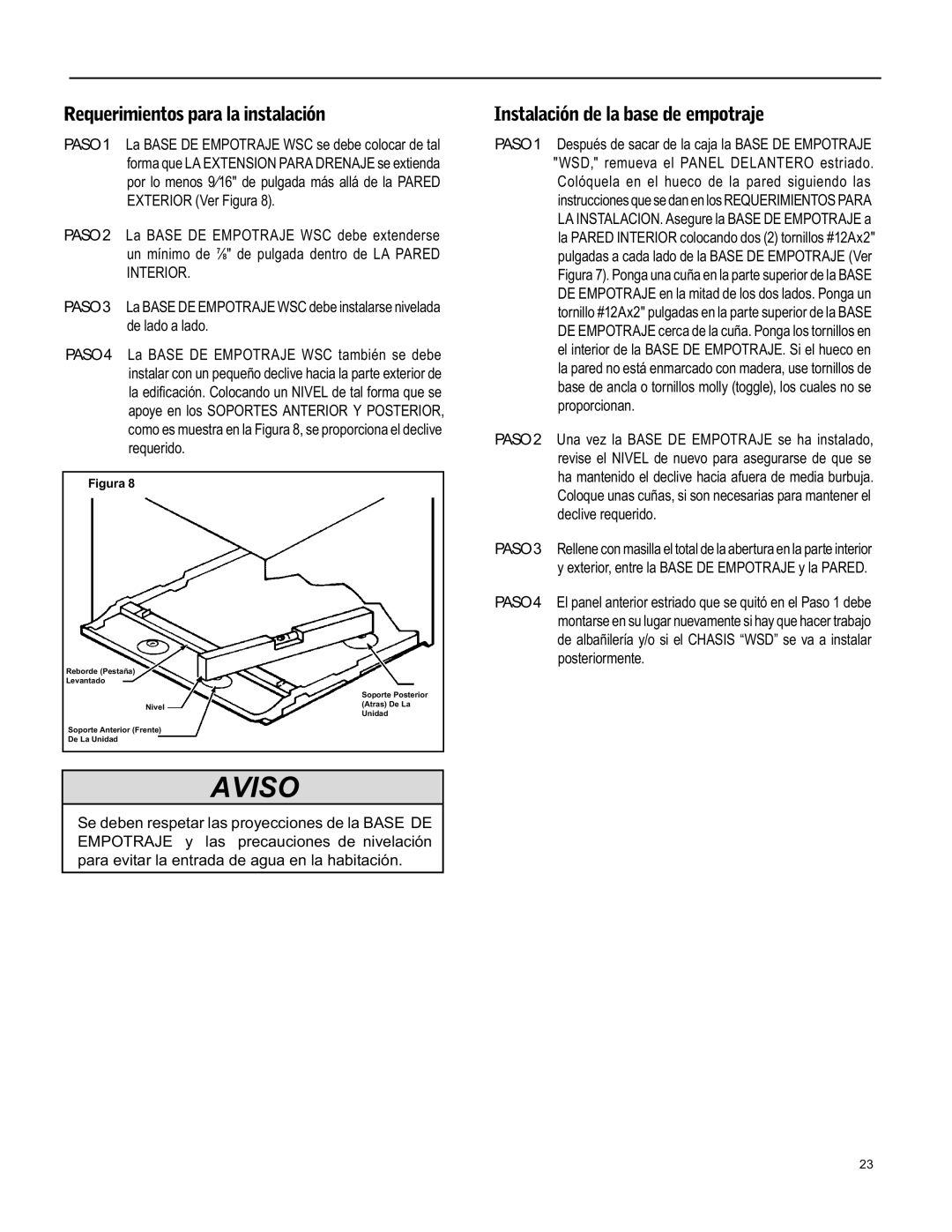 Friedrich WS12, WY12, WY09 operation manual Aviso, Requerimientos para la instalación, Instalación de la base de empotraje 