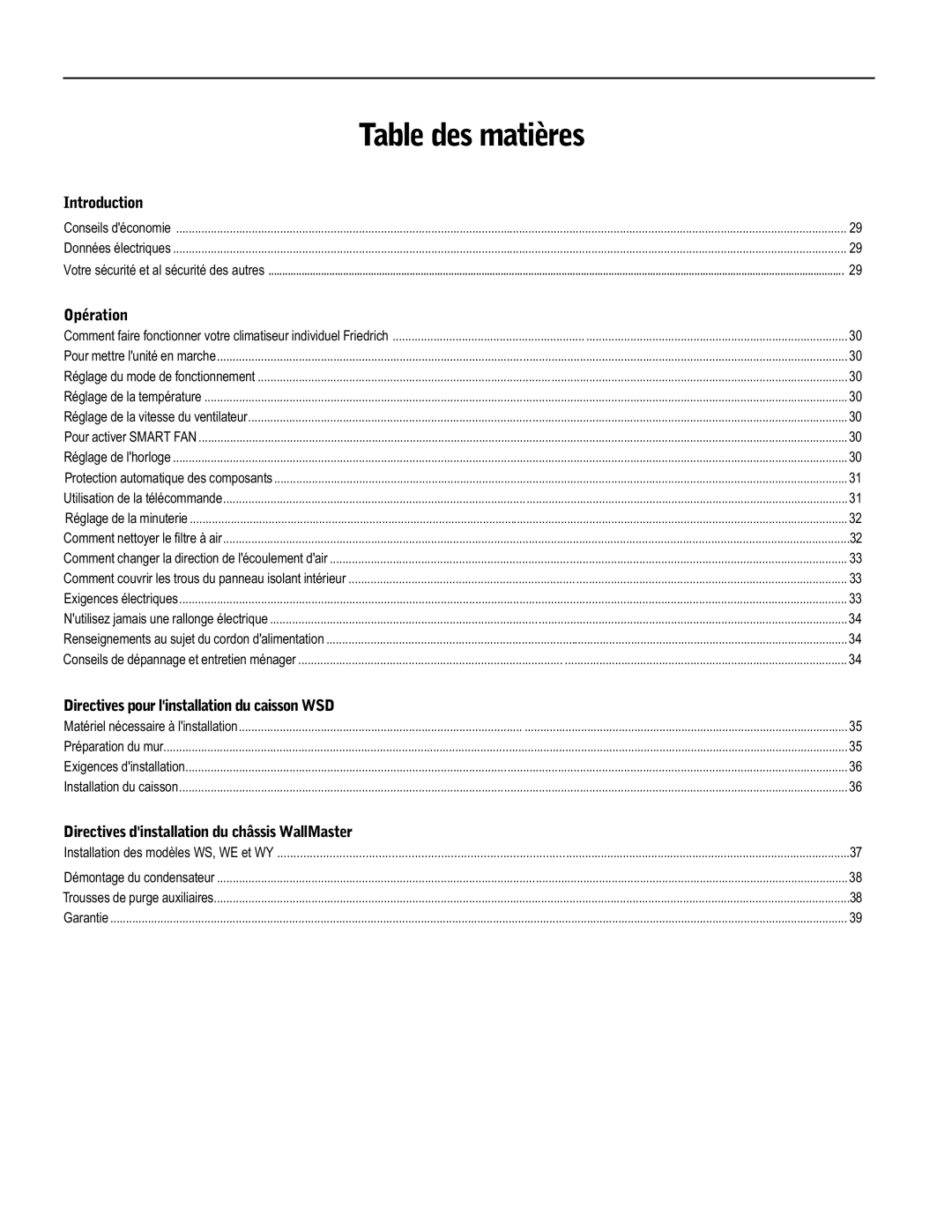 Friedrich WY09, WY12, WS12 Table des matières, Introduction, Opération, Directives pour linstallation du caisson WSD 