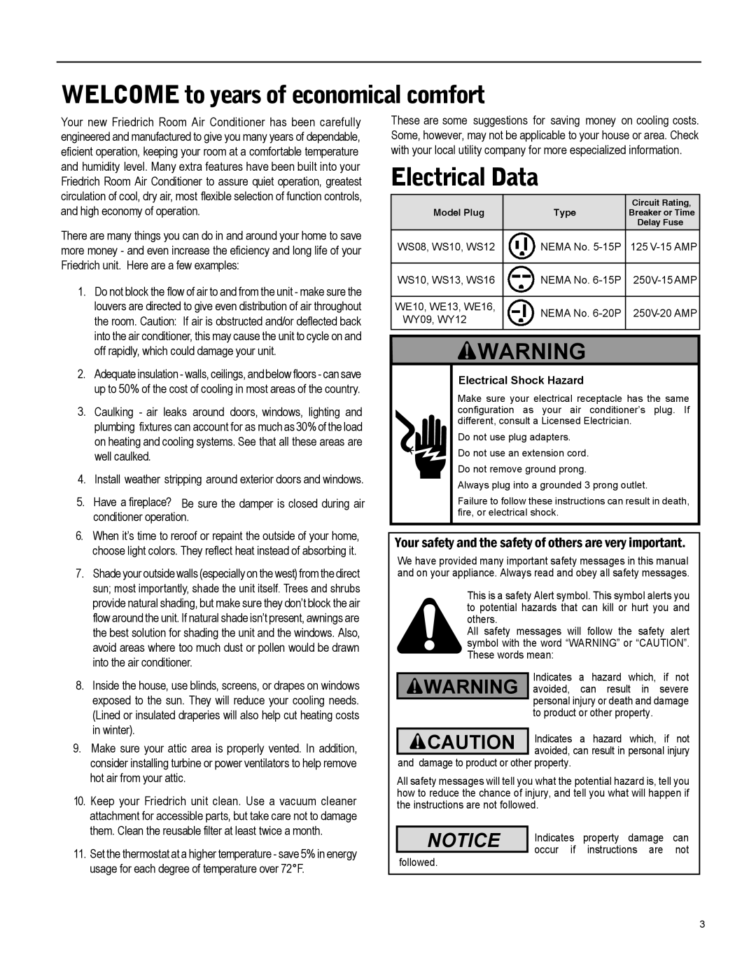 Friedrich WY12, WY09, WS12 operation manual WELCOME to years of economical comfort, Electrical Data 