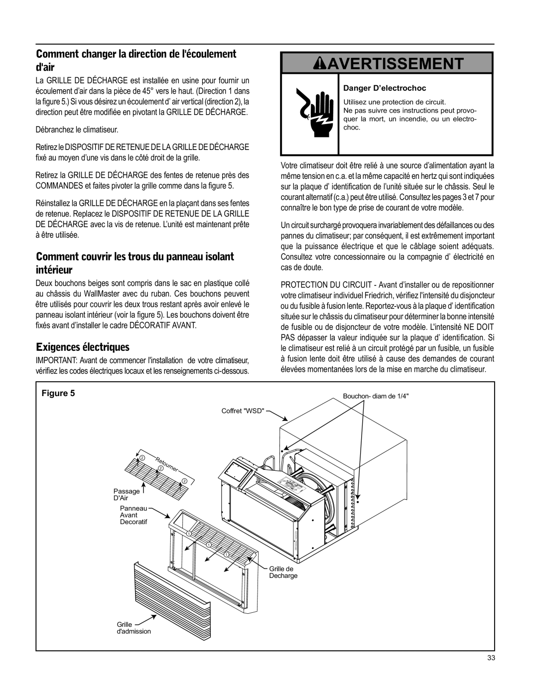 Friedrich WY12, WY09, WS12 operation manual Comment changer la direction de lécoulement dair, Exigences électriques 