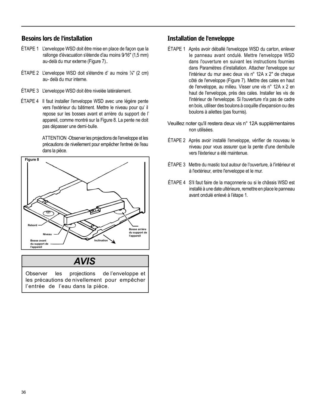 Friedrich WY12, WY09, WS12 operation manual Avis, Besoins lors de linstallation, Installation de lenveloppe 