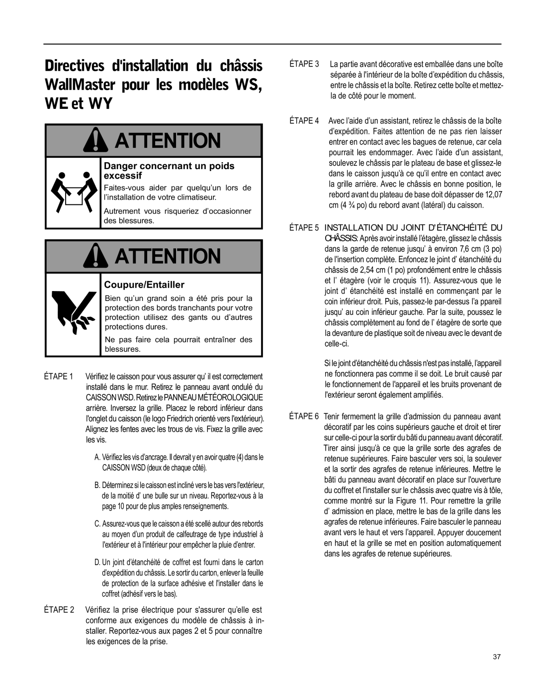 Friedrich WY09, WY12, WS12 operation manual Danger concernant un poids excessif, Coupure/Entailler 