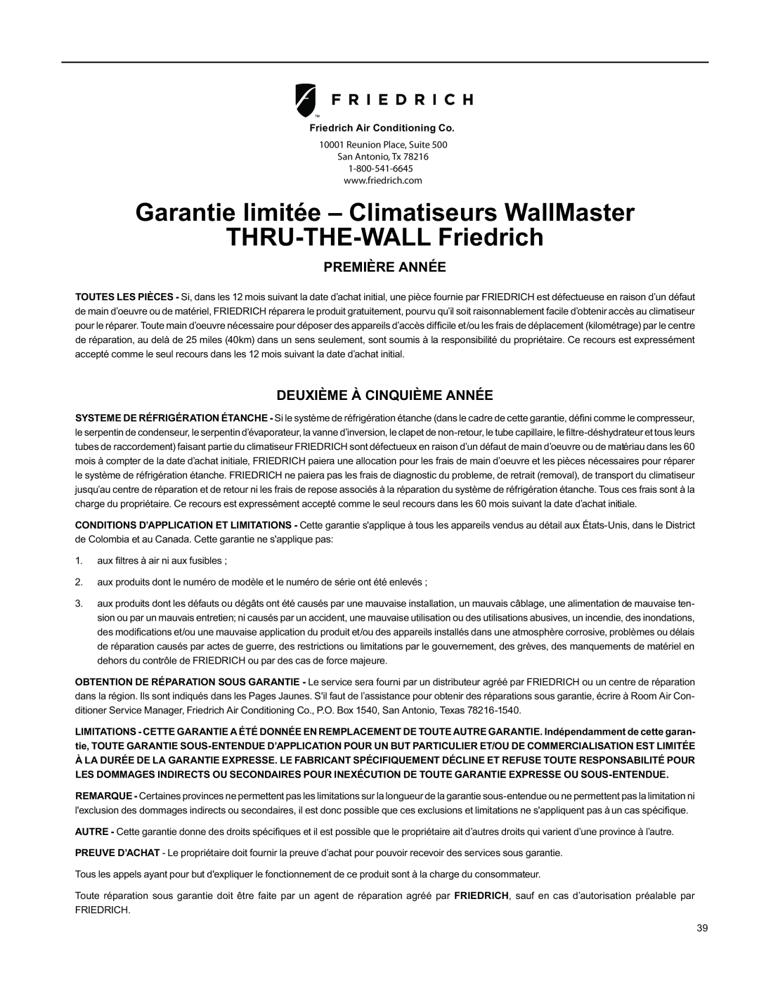 Friedrich WY12, WY09, WS12 Garantie limitée - Climatiseurs WallMaster, THRU-THE-WALLFriedrich, Première Année 
