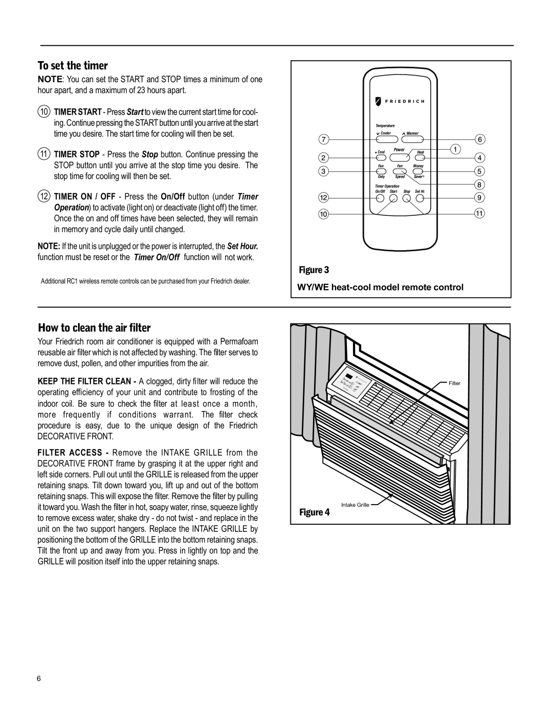Friedrich WY12, WY09, WS12 operation manual Decorative Front 