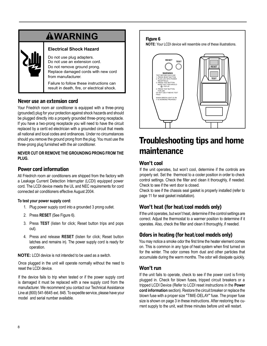 Friedrich WS12 Troubleshooting tips and home maintenance, Never use an extension cord, Power cord information, Won’t cool 