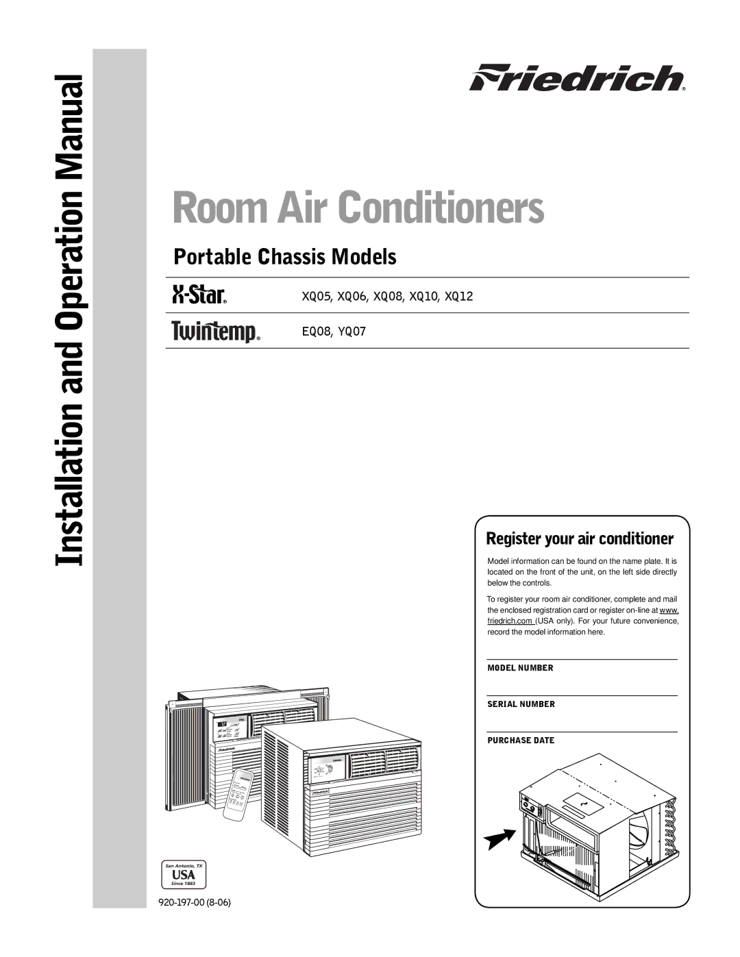 Friedrich XQ08, XQ06, XQ05, XQ10, XQ12, YQ07, EQ08 operation manual Room Air Conditioners 