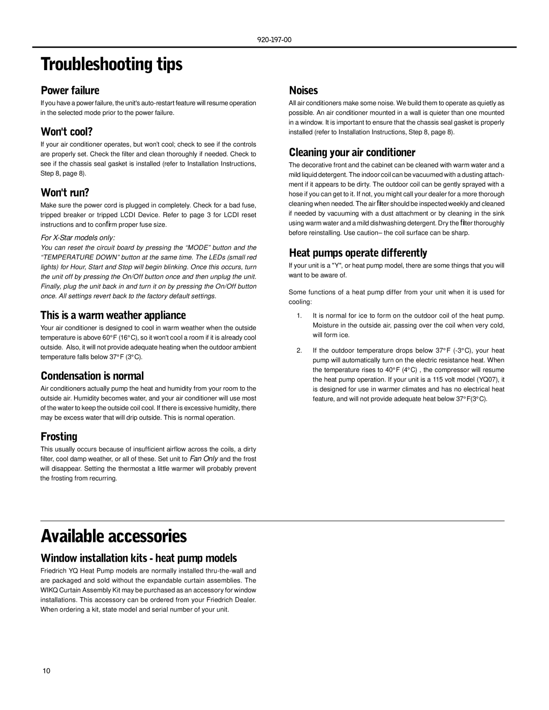 Friedrich XQ10, XQ06, XQ08, XQ05, XQ12, YQ07, EQ08 operation manual Troubleshooting tips, Available accessories 