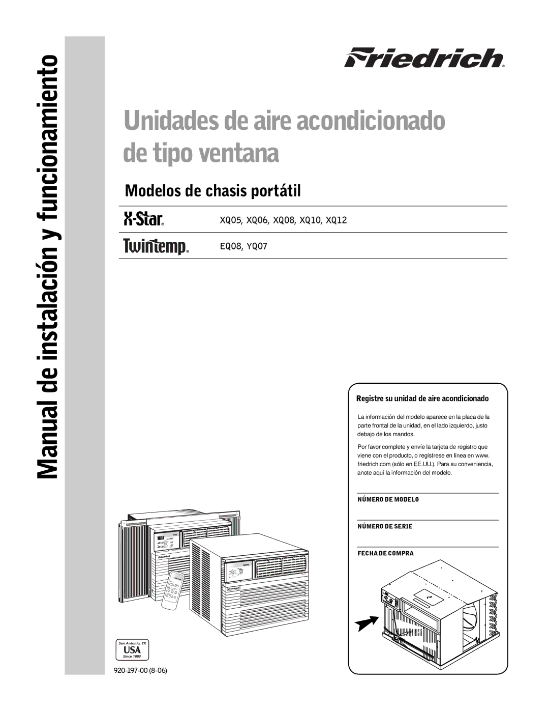 Friedrich YQ07, XQ06, XQ08, XQ05, XQ10, XQ12, EQ08 operation manual Unidades de aire acondicionado de tipo ventana 