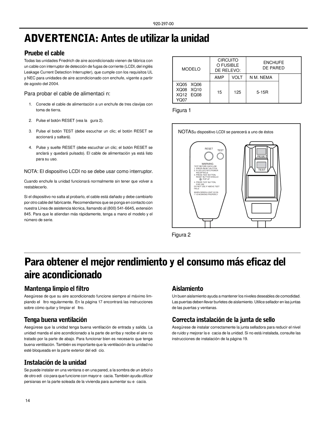 Friedrich XQ06 Pruebe el cable, Mantenga limpio el filtro, Aislamiento, Tenga buena ventilación, Instalación de la unidad 