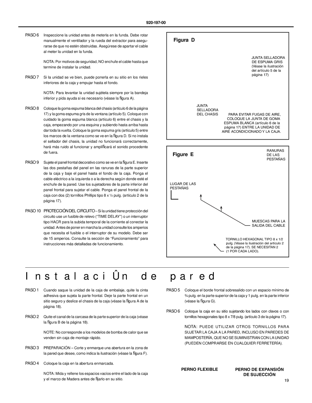 Friedrich YQ07, XQ06, XQ08, XQ05, XQ10, XQ12, EQ08 operation manual Instalación de pared, Junta Selladora 