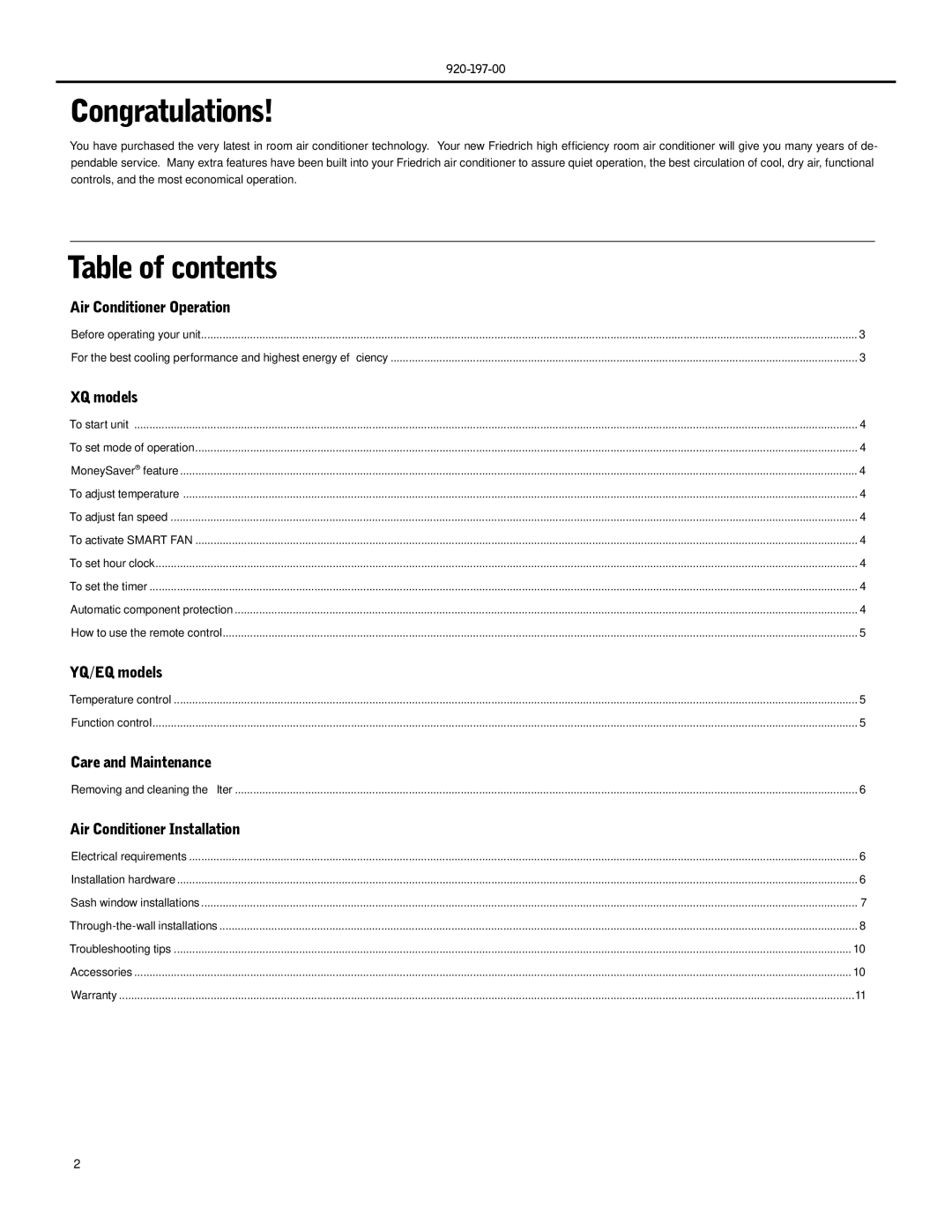 Friedrich XQ05, XQ06, XQ08, XQ10, XQ12, YQ07, EQ08 operation manual Congratulations, Table of contents 