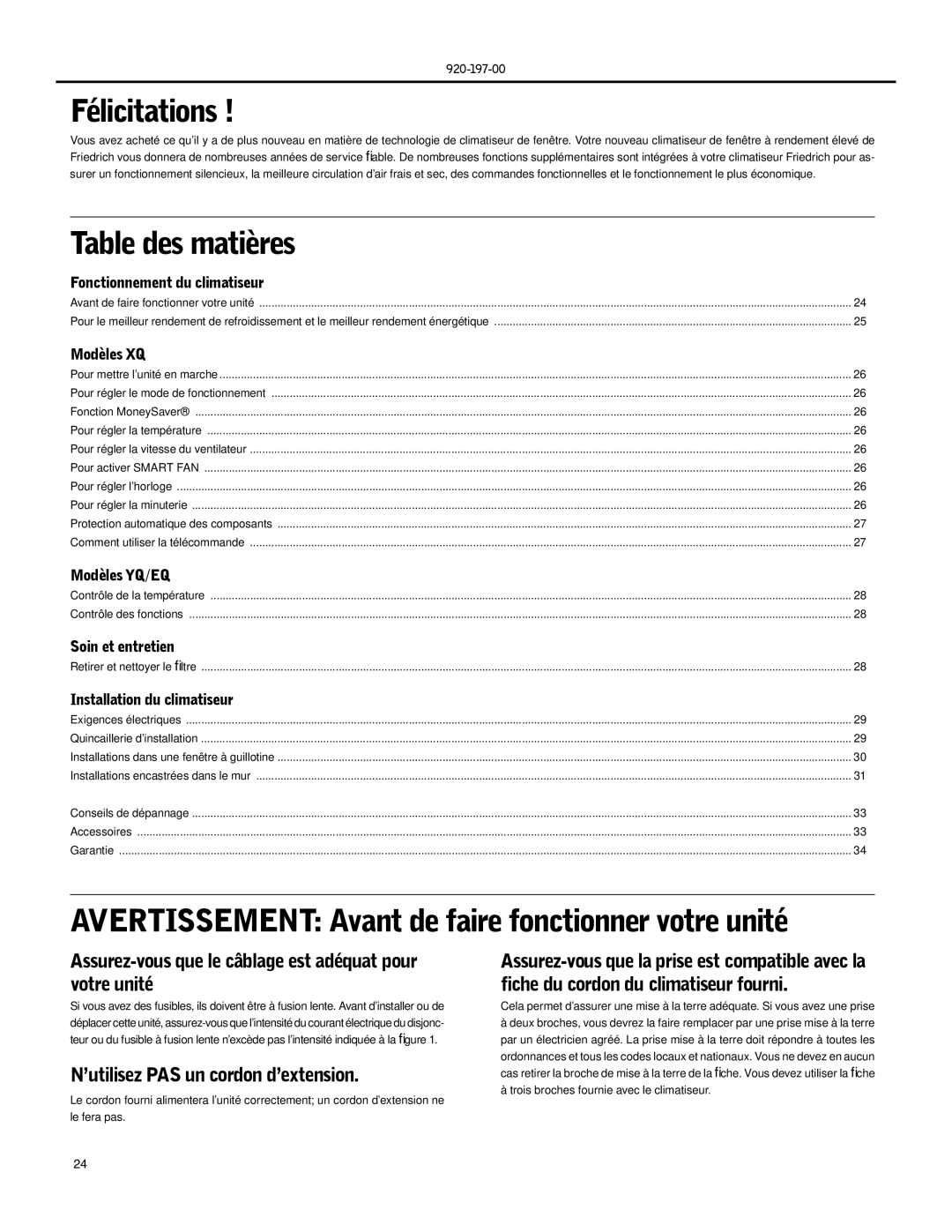 Friedrich XQ10, XQ06, XQ08, XQ05 Félicitations, Table des matières, Assurez-vous que le câblage est adéquat pour votre unité 