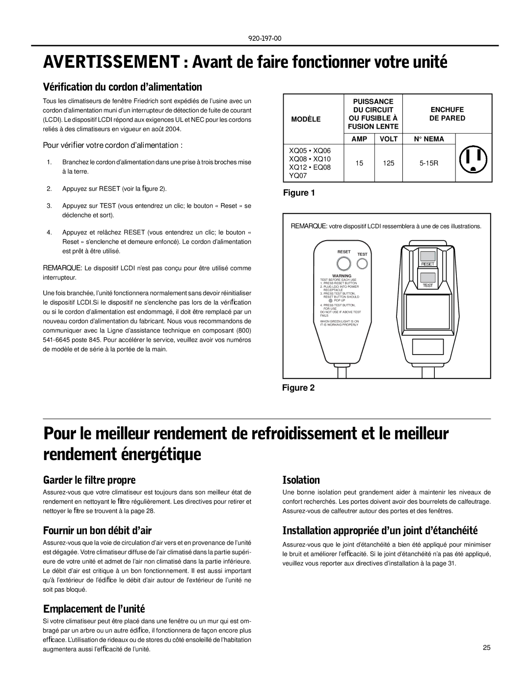 Friedrich XQ12, XQ06, XQ08, XQ05, XQ10, YQ07, EQ08 operation manual Avertissement Avant de faire fonctionner votre unité 