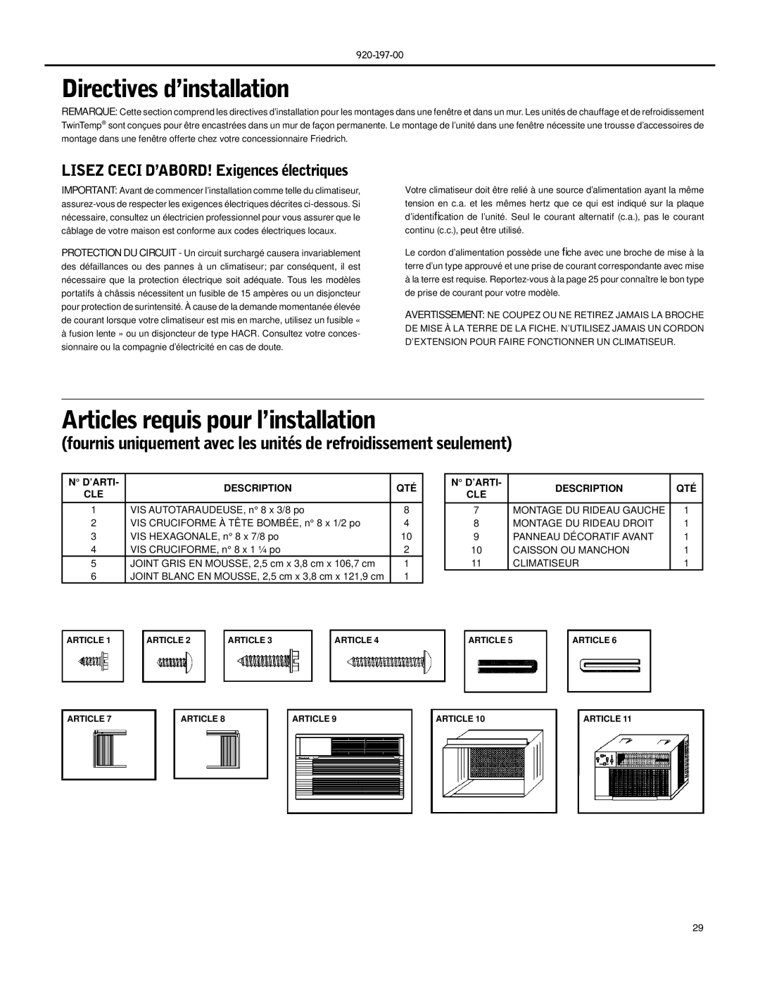 Friedrich XQ08 Directives d’installation, Articles requis pour l’installation, Lisez Ceci D’ABORD! Exigences électriques 