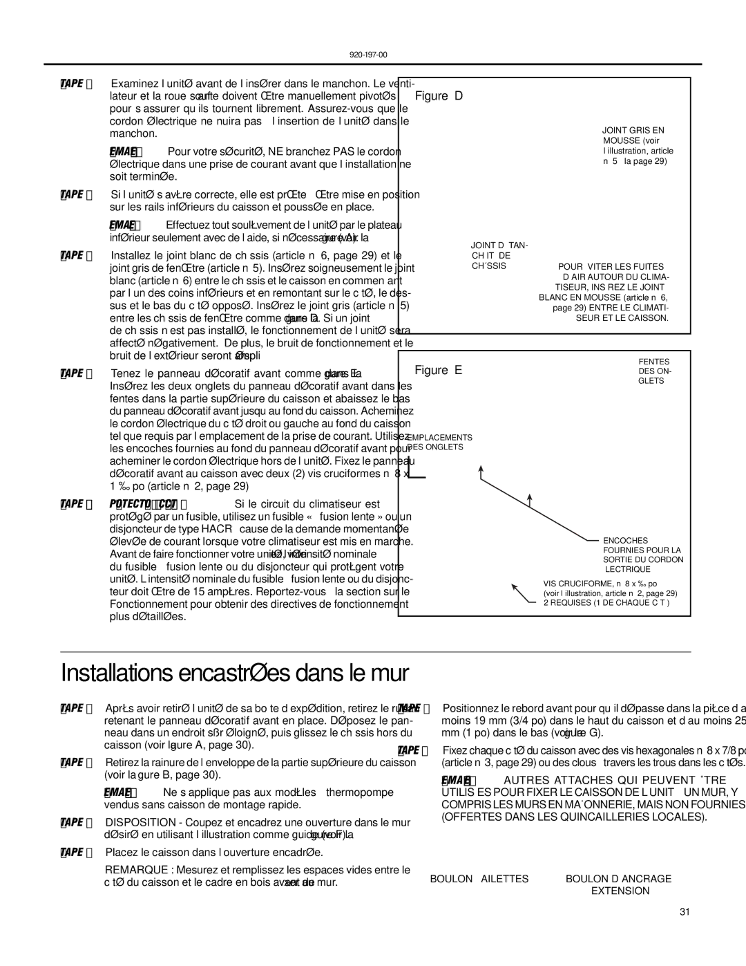 Friedrich XQ10, XQ06, XQ08, XQ05, XQ12, YQ07, EQ08 operation manual Installations encastrées dans le mur, Joint D’ÉTAN- Chéité DE 