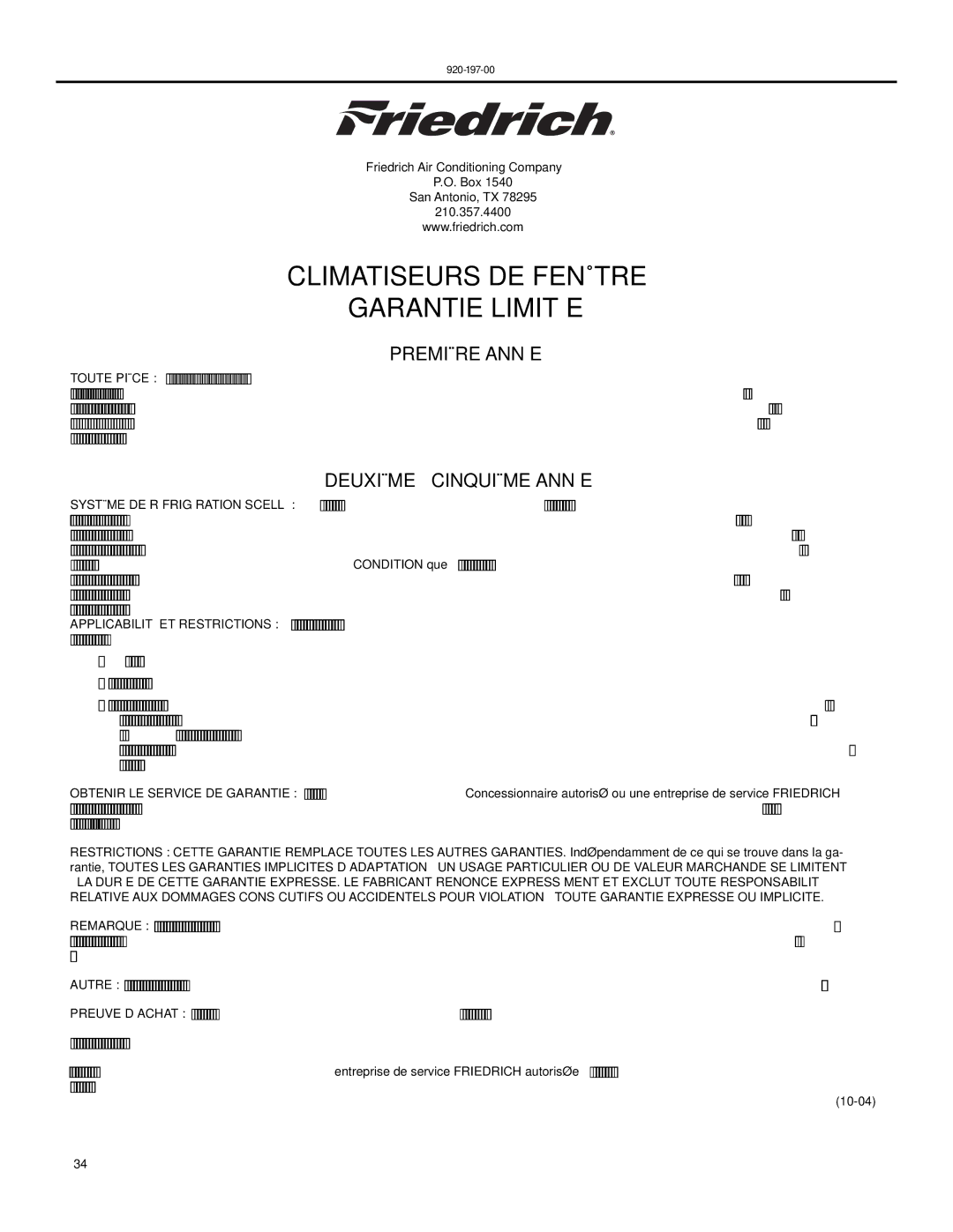 Friedrich EQ08, XQ06, XQ08, XQ05, XQ10, XQ12, YQ07 operation manual Climatiseurs DE Fenêtre Garantie Limitée 