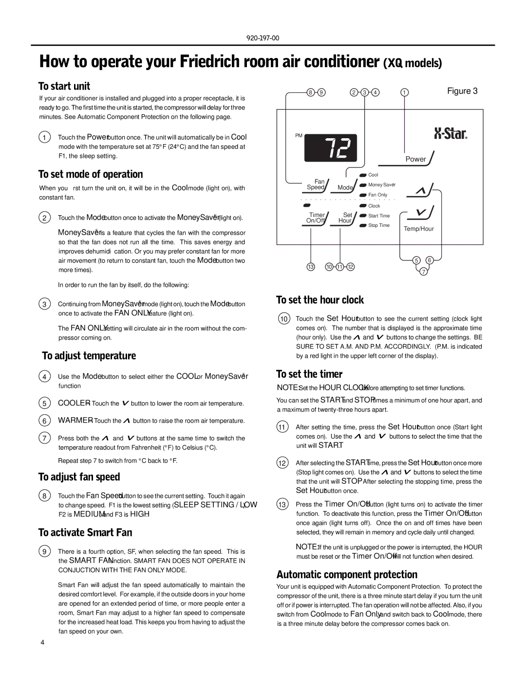 Friedrich XQ12 To start unit, To set mode of operation, To adjust temperature, To adjust fan speed, To activate Smart Fan 