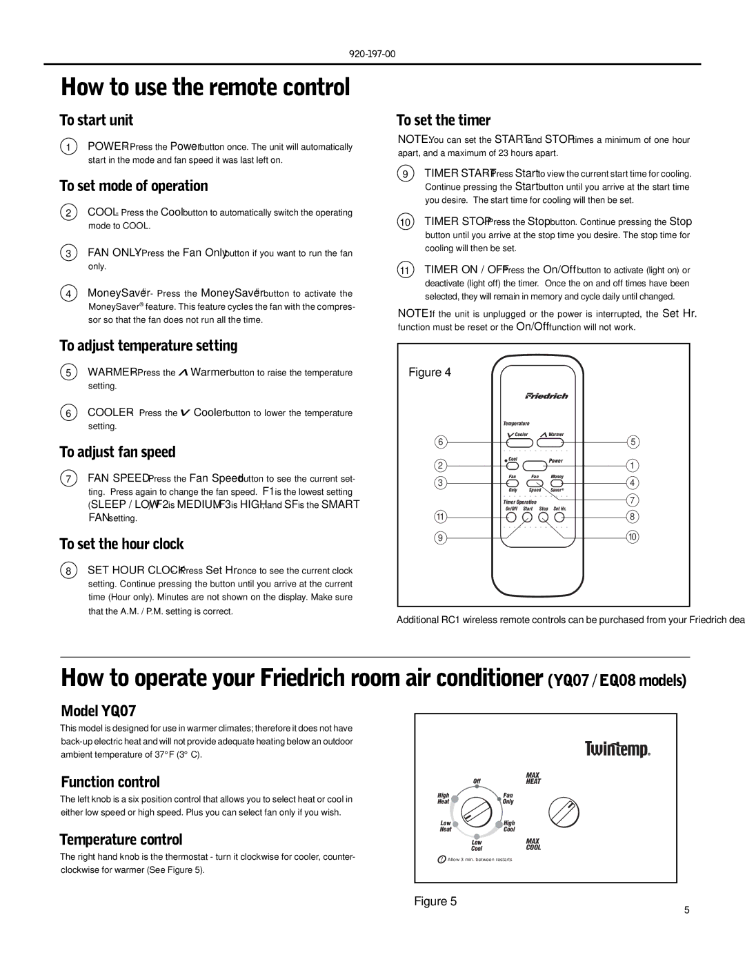 Friedrich XQ06, XQ08, XQ05, XQ10, XQ12, EQ08 operation manual To adjust temperature setting, Model YQ07 