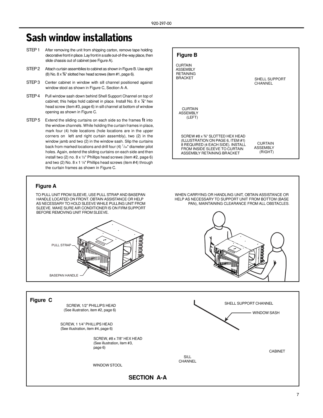 Friedrich XQ06, XQ08, XQ05, XQ10, XQ12, YQ07, EQ08 operation manual Sash window installations, Pull Strap Basepan Handle 