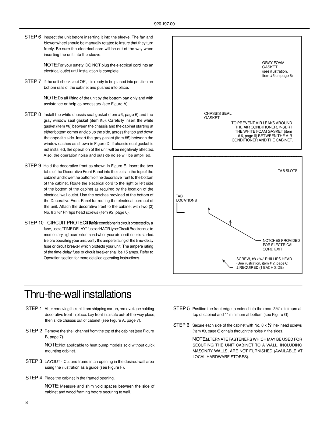 Friedrich XQ08, XQ06, XQ05, XQ10, XQ12, YQ07, EQ08 operation manual Thru-the-wall installations, Chassis Seal Gasket 