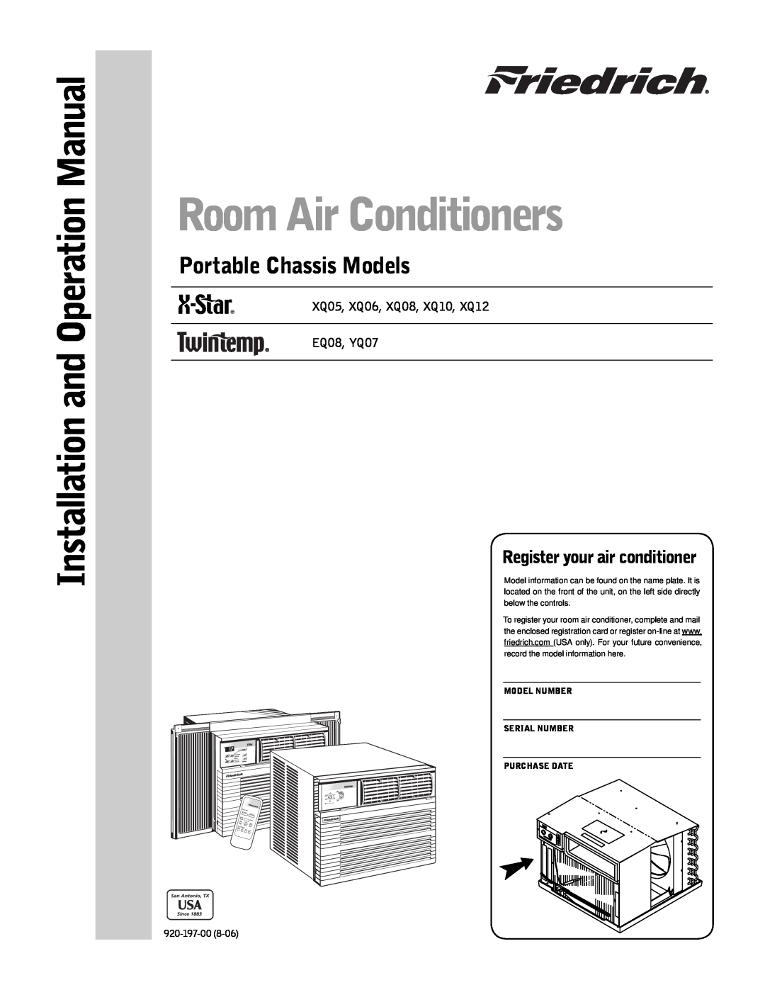 Friedrich EQ08 operation manual Room Air Conditioners, Portable Chassis Models, Register your air conditioner, 920-197-01 