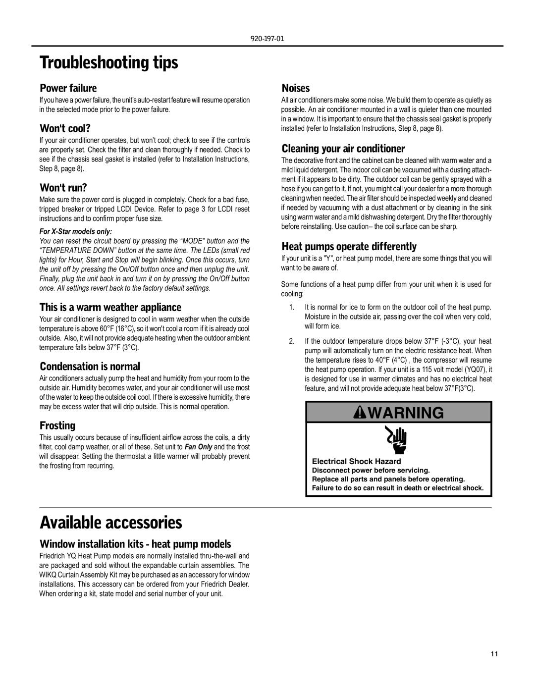 Friedrich EQ08, YQ07 operation manual Troubleshooting tips, Available accessories 