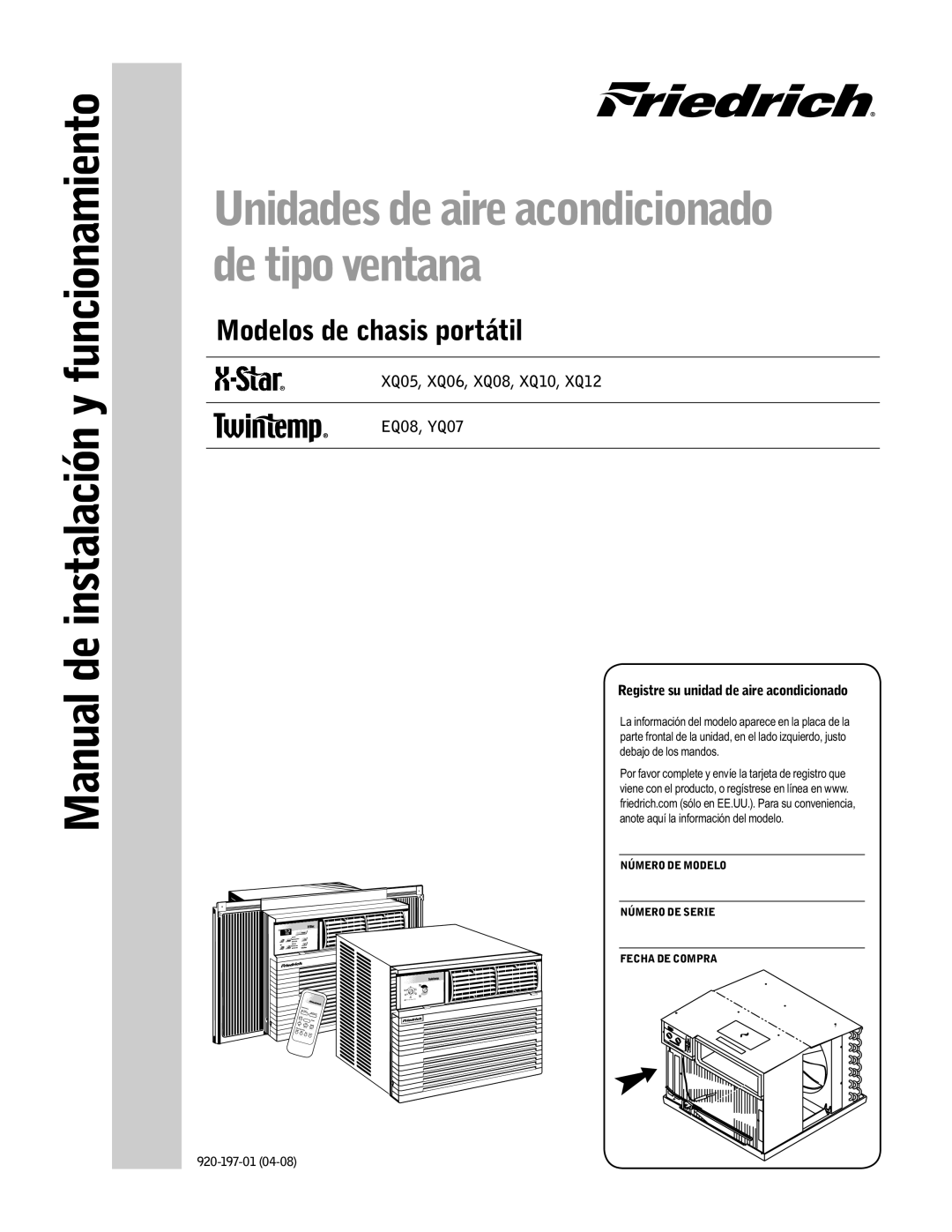 Friedrich EQ08, YQ07 operation manual Unidades de aire acondicionado de tipo ventana 