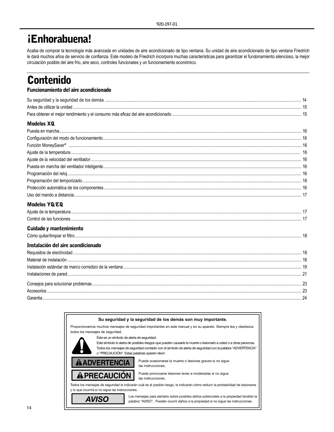 Friedrich YQ07, EQ08 operation manual ¡Enhorabuena, Contenido 