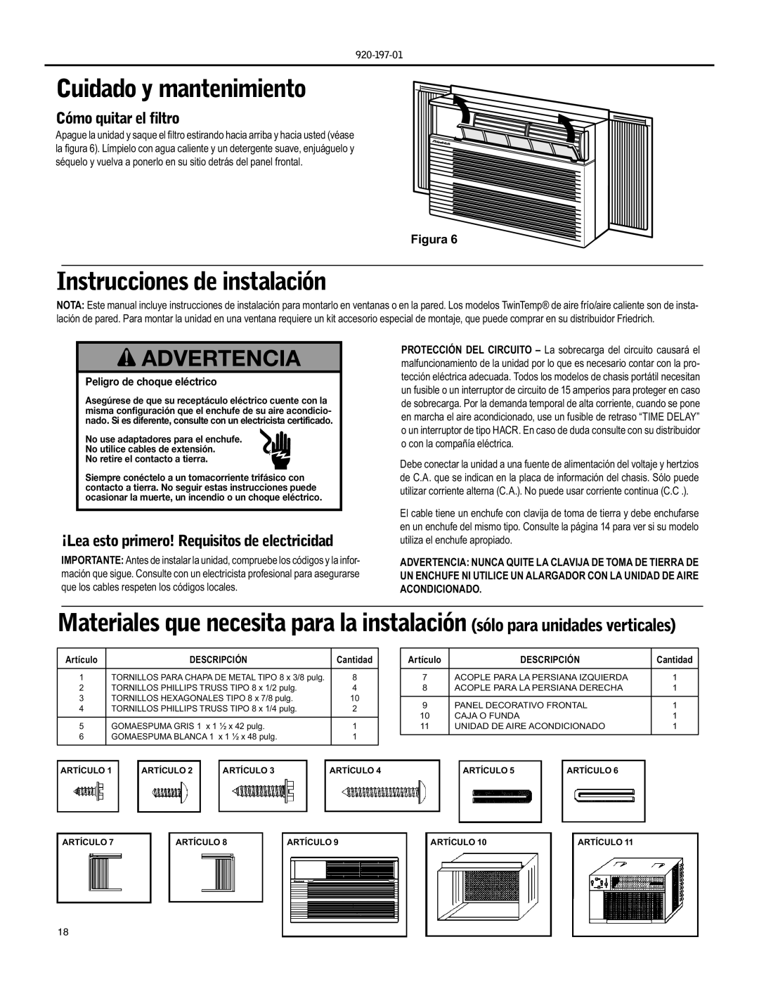 Friedrich YQ07, EQ08 operation manual Cuidado y mantenimiento, Instrucciones de instalación, Cómo quitar el filtro 