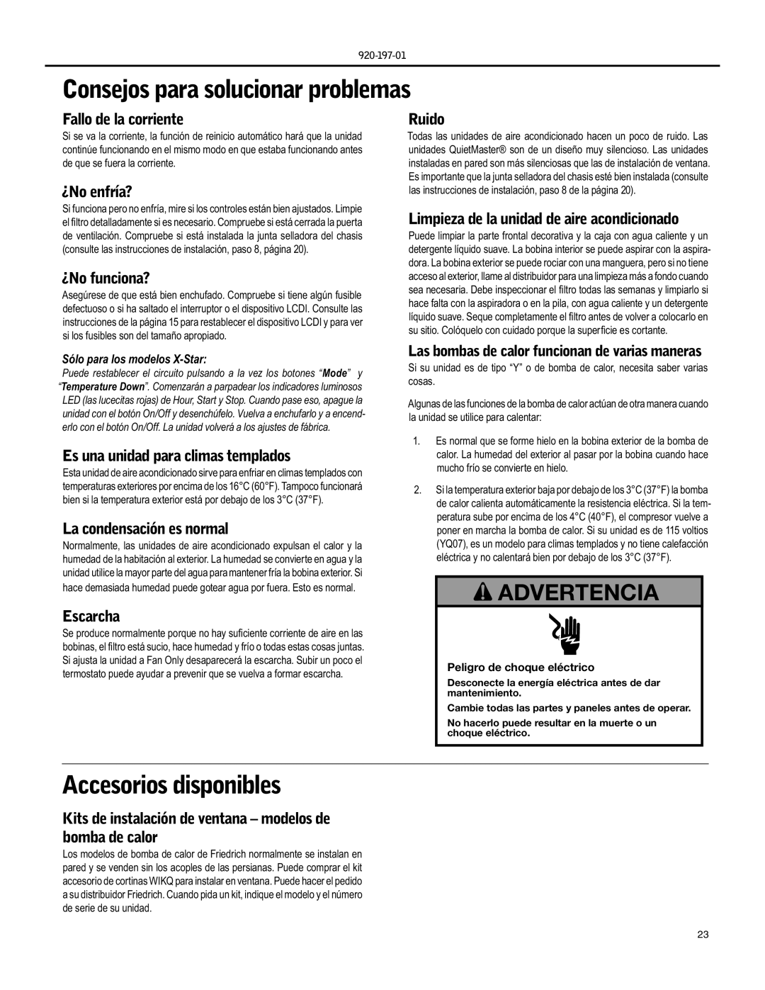 Friedrich EQ08, YQ07 operation manual Consejos para solucionar problemas, Accesorios disponibles 