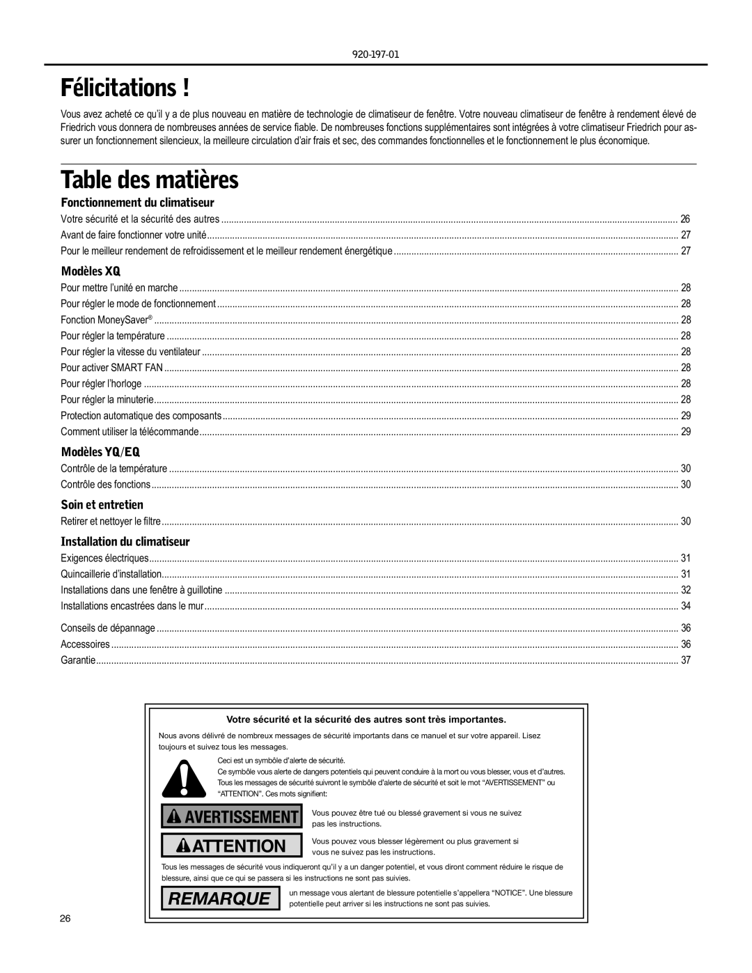 Friedrich YQ07, EQ08 operation manual Félicitations, Table des matières 