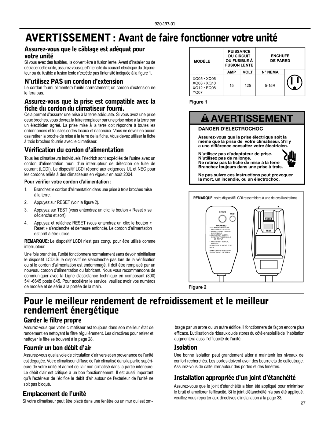 Friedrich EQ08, YQ07 operation manual Avertissement Avant de faire fonctionner votre unité 