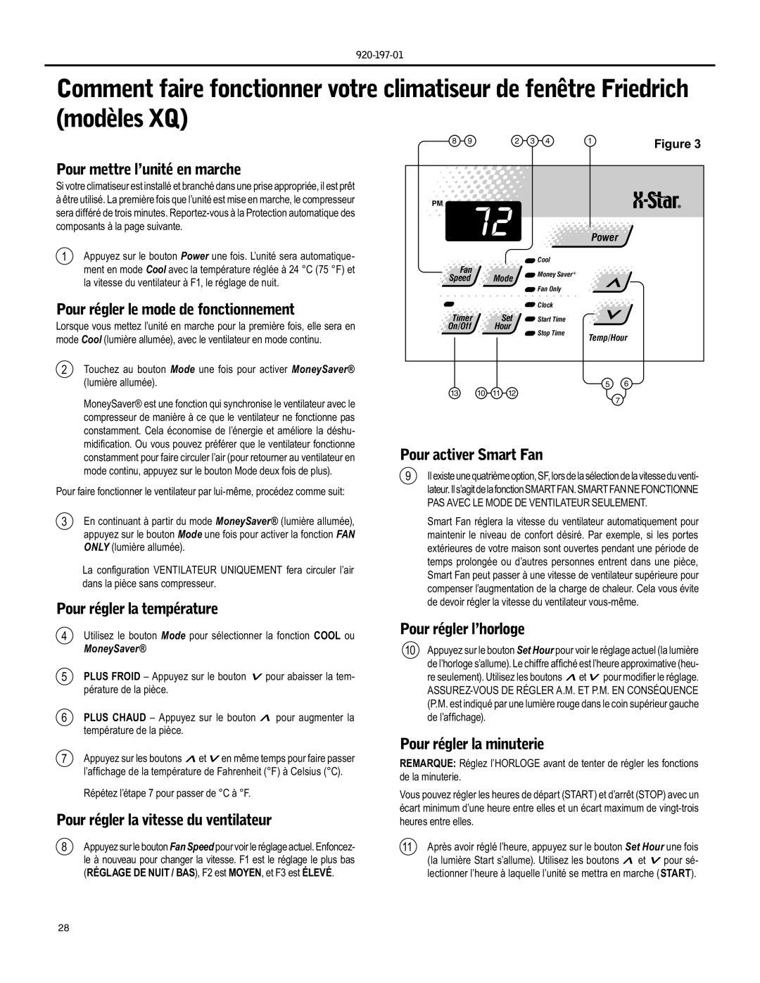 Friedrich YQ07, EQ08 Pour mettre l’unité en marche, Pour régler le mode de fonctionnement, Pour activer Smart Fan 