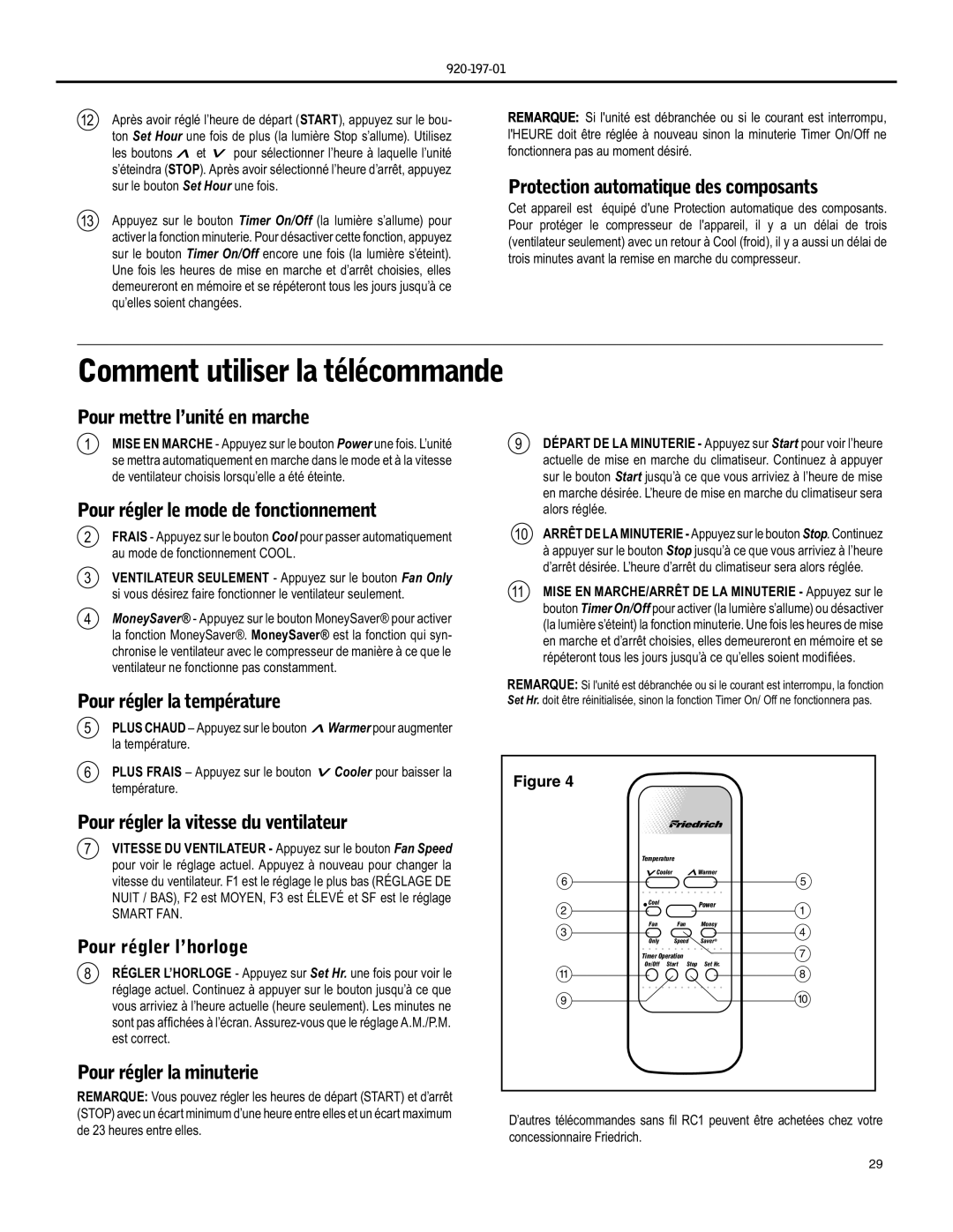 Friedrich EQ08, YQ07 operation manual Comment utiliser la télécommande, Protection automatique des composants 