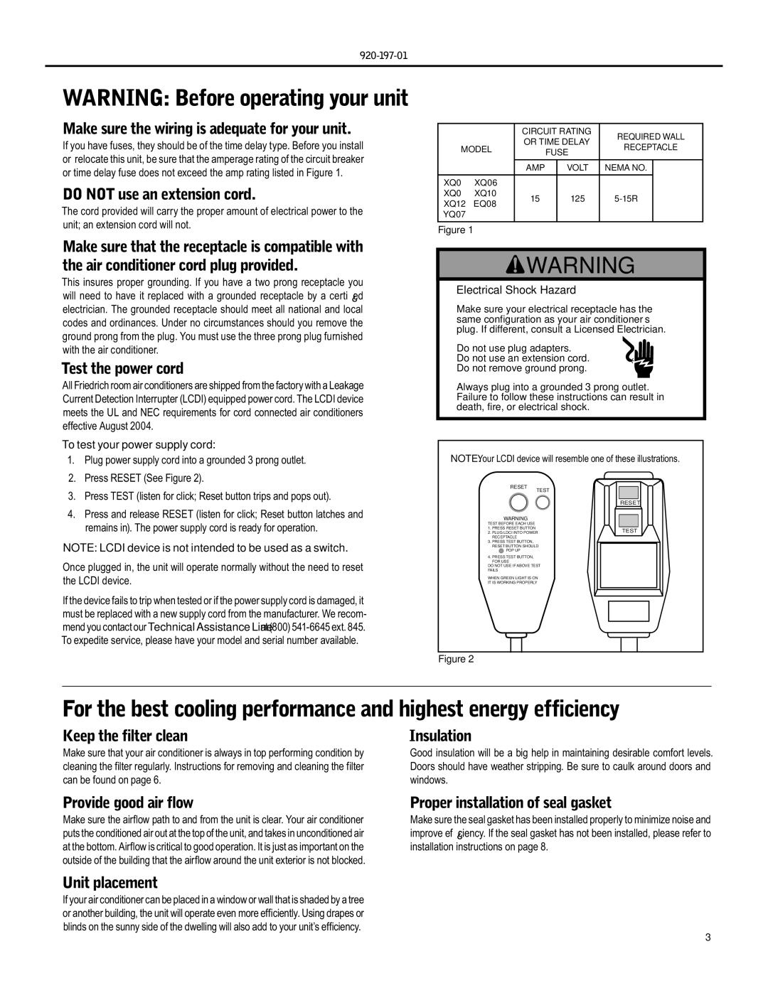 Friedrich EQ08, YQ07 Make sure the wiring is adequate for your unit, Do not use an extension cord, Test the power cord 